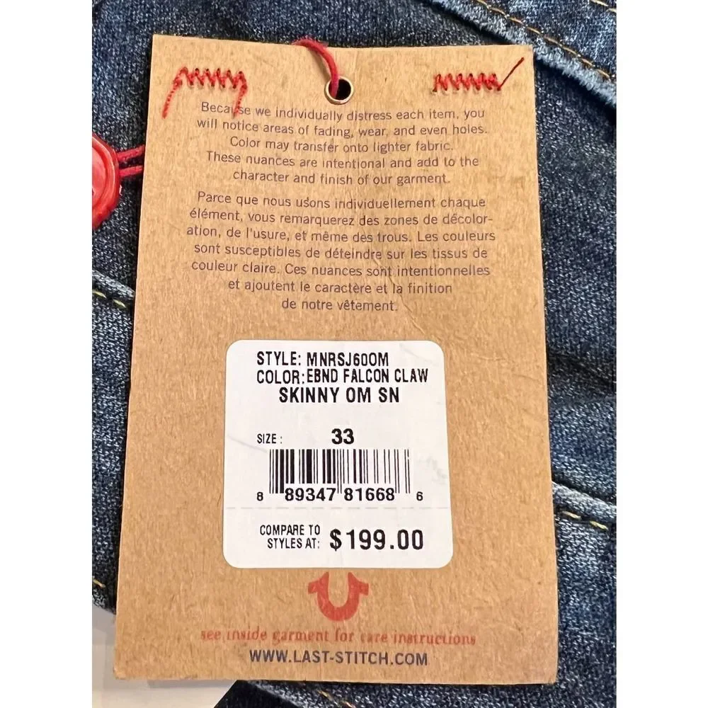 True Religion Skinny Blue Denim Jean Size 33 NWT